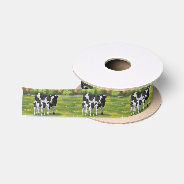 Holstein Cow & Cute Calf in Summer Pasture Satin Ribbon (Spool)