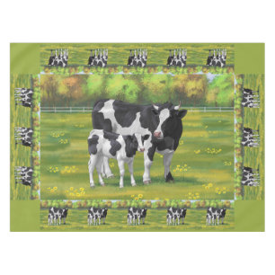 Holstein Cow & Cute Calf in Summer Pasture Tablecloth