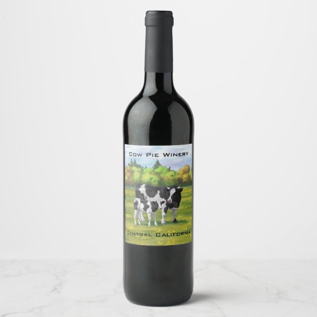 Holstein Cow & Cute Calf in Summer Pasture Wine Label (Front)
