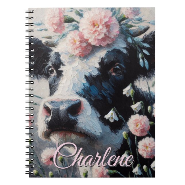 Holstein Cow Flowers Farm Farmhouse Personalized Notebook (Front)