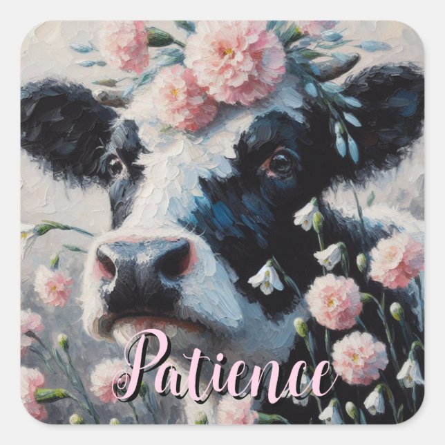 Holstein Cow Flowers Farm Farmhouse Personalized Square Sticker (Front)