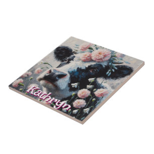 Holstein Cow Flowers Farm Farmhouse Personalized Tile