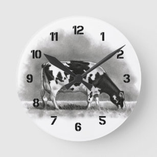 Holstein Cow Grazing: Realism Pencil Drawing Round Clock