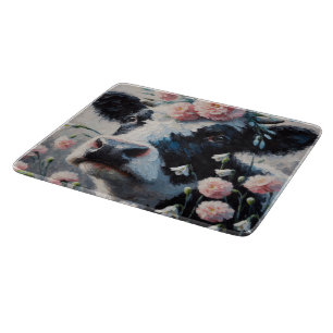 Holstein Cow in Flowers Farm Farmhouse Painting Cutting Board