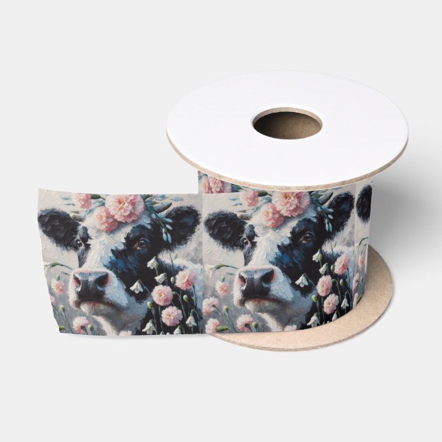 Holstein Cow in Flowers Farm Farmhouse Painting Satin Ribbon (Spool)