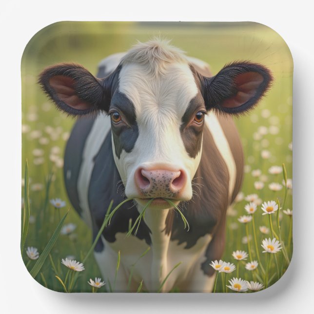 Holstein Cow In Green Pasture With Daisies Paper Plate (Front)