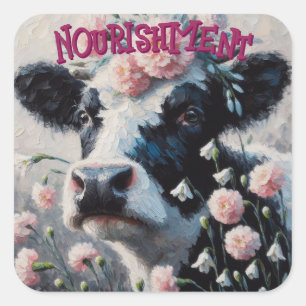 Holstein Cow in Pink Carnation Flowers Farm Cows Square Sticker