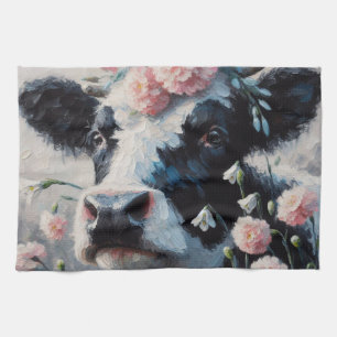 Holstein Cow in Pink Carnations Painting  Kitchen Towel