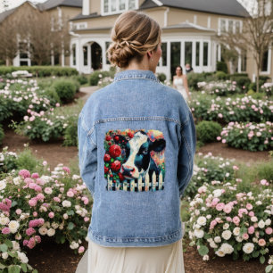 Holstein Cow Picket Fence Red Roses Black Red Denim Jacket