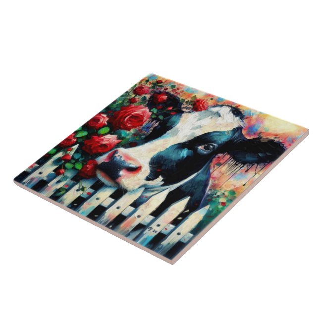 Holstein Cow Picket Fence Red Roses Black Red Tile (Side)