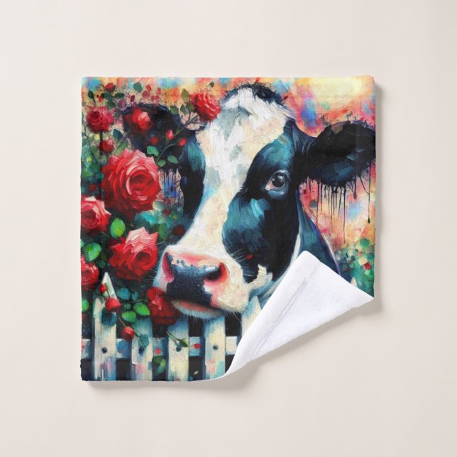 Holstein Cow Picket Fence Red Roses Black Red Wash Cloth (Wash Cloth)