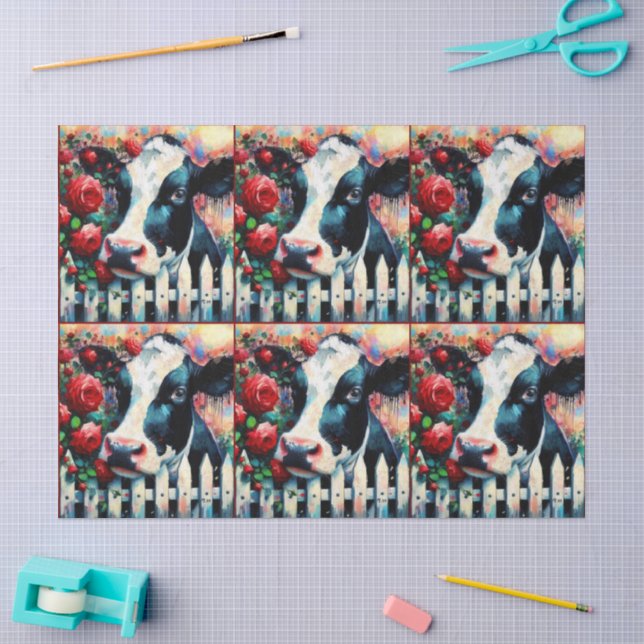 Holstein Cow Picket Fence Red Roses Decoupage Tissue Paper (Craft)