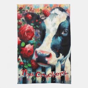 Holstein Cow Picket Fence Red Roses Personalized Kitchen Towel