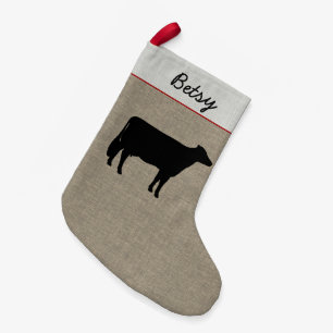 Holstein Cow Silhouette Faux Linen Personalized Small Christmas Stocking