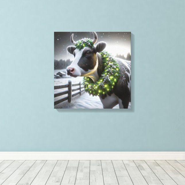 Holstein Cow Wearing a Christmas Wreath Canvas Print (Insitu(Wood Floor))
