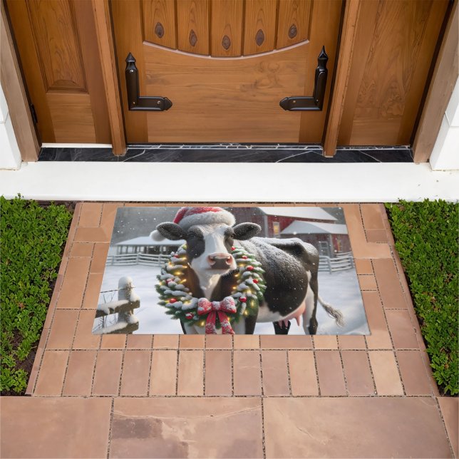 Holstein Cow Wearing a Christmas Wreath Doormat (Outdoor)