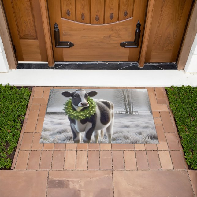 Holstein Cow Wearing a Christmas Wreath Doormat (Outdoor)