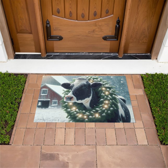Holstein Cow Wearing a Christmas Wreath Doormat (Outdoor)