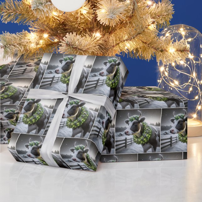 Holstein Cow Wearing Glowing Christmas Wreath Wrapping Paper (Holidays)