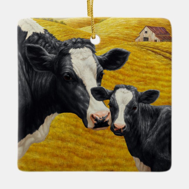 Holstein Cows and Old Wood Barn Ceramic Ornament (Front)