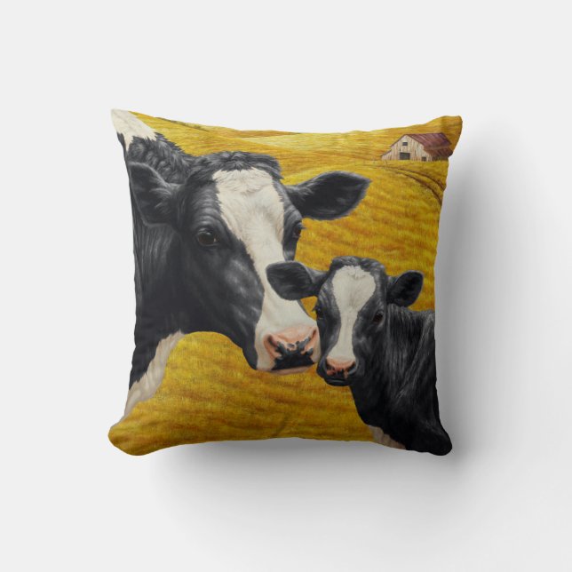 Holstein Cows and Old Wood Barn Throw Pillow (Front)