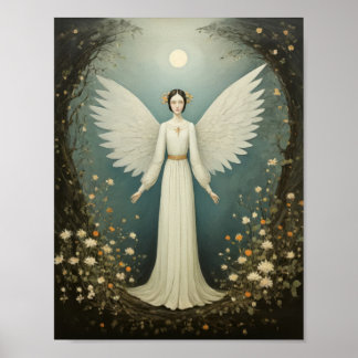 Holy angel with wings, between flowers poster