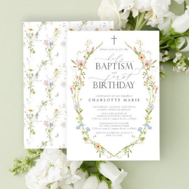 Holy Baptism & 1st Birthday Wildflower Nature Invitation (Easily personalize this baptism and first birthday invite with your personal details.)