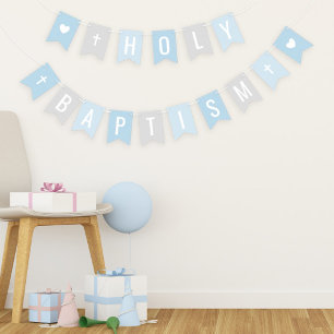 Holy Baptism Blue Grey Baby Boy Celebration Bunting Flags