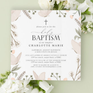 Holy Baptism Butterflies Watercolor Floral Neutral Invitation