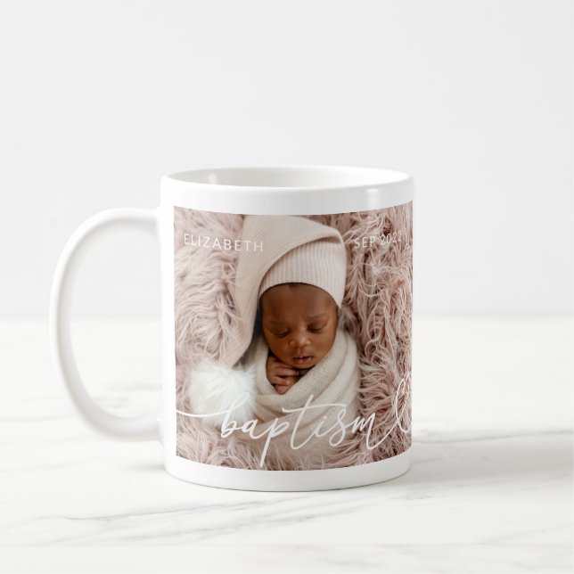 Holy Baptism Elegant Modern Chic Heart Baby Photo Coffee Mug (Left)