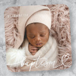 Holy Baptism Elegant Modern Chic Heart Baby Photo Square Sticker<br><div class="desc">This simple and modern design is composed of serif typography and add a custom photo,  add baby's name and month and year of baptism</div>