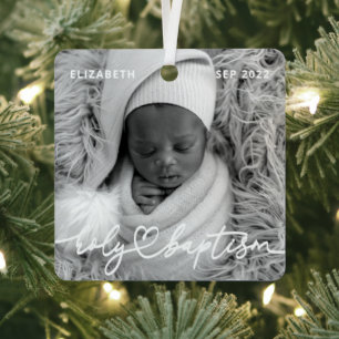 Holy Baptism Modern Elegant Chic Heart Baby Photo Metal Ornament