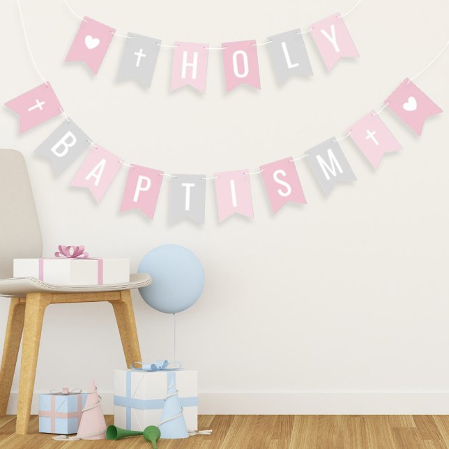 Holy Baptism Pink and Grey Baby Girl Celebration Bunting Flags (Creator Uploaded)