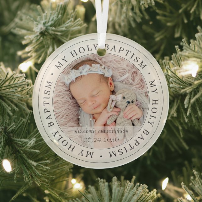 Holy Baptism Simple Frame Modern Custom Photo Glass Ornament (Insitu)