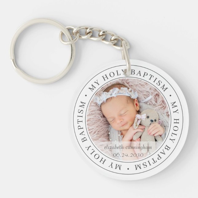 Holy Baptism Simple Frame Modern Custom Photo Keychain (Front)