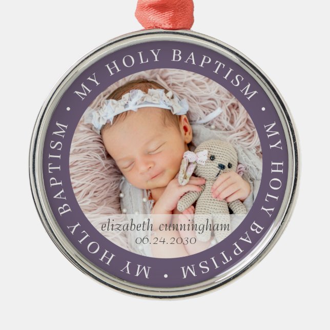Holy Baptism Simple Frame Modern Custom Photo Metal Ornament (Front)