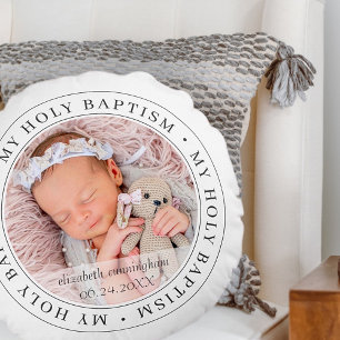 Holy Baptism Simple Frame Modern Custom Photo Round Pillow