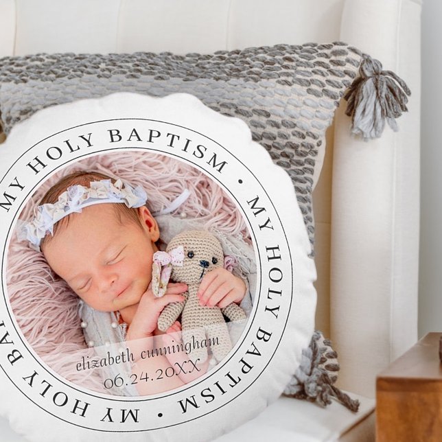 Holy Baptism Simple Frame Modern Custom Photo Round Pillow (Creator Uploaded)