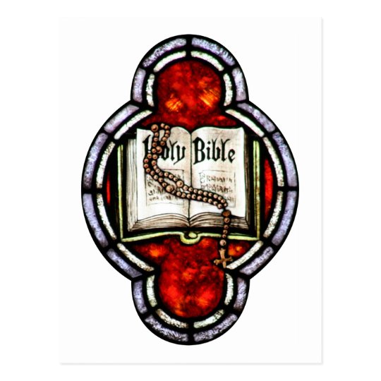 Holy Bible and Rosary Stained Glass Art Postcard