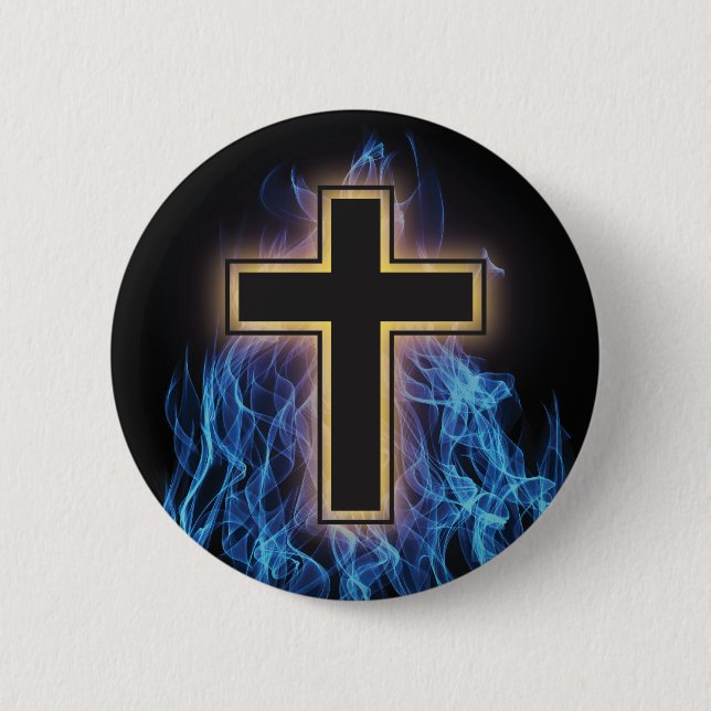HOLY BLUE FIRE CROSS! CHRISTIAN SPIRITUAL POWER 2 INCH ROUND BUTTON (Front)