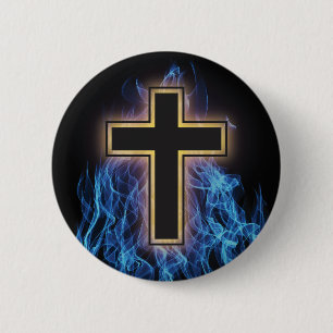 HOLY BLUE FIRE CROSS! CHRISTIAN SPIRITUAL POWER 2 INCH ROUND BUTTON