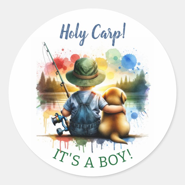 Holy Carp! it's a Boy! Baby Shower Classic Round Sticker (Front)