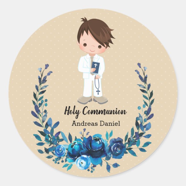 Holy Communion blue wreath Classic Round Sticker (Front)