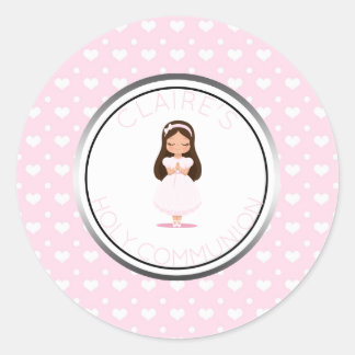 Holy Communion Girl Favour Pink Hearts Classic Round Sticker