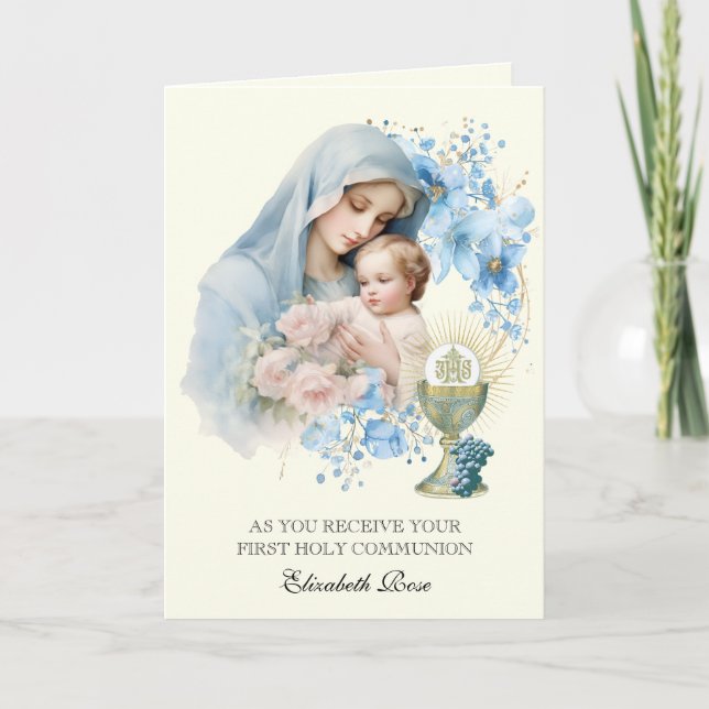  Holy Communion Mary Jesus Floral Holiday Card (Front)
