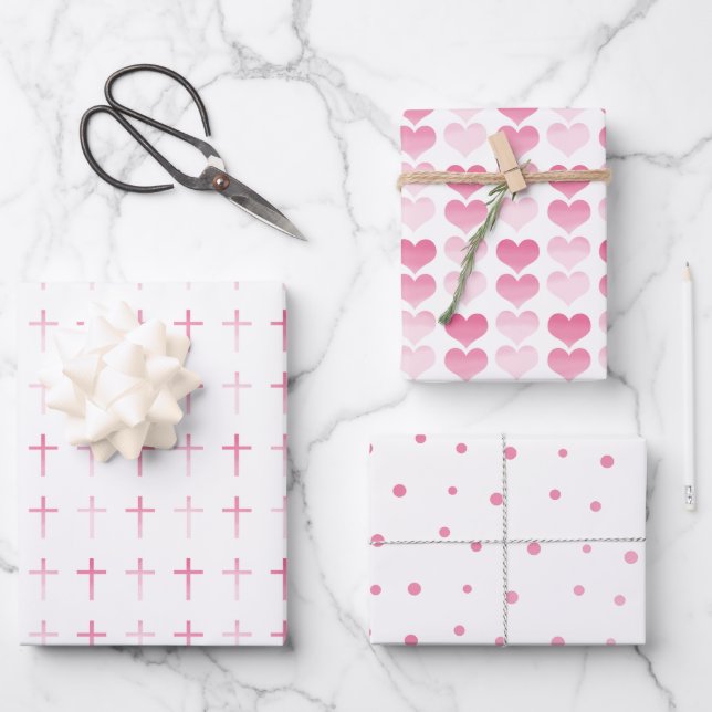 Holy Communion Pink Cross Hearts and Dots Wrapping Paper Sheet (Front)