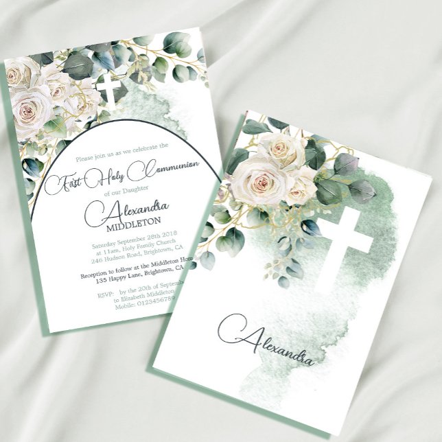  Holy Communion Roses Green Religious Cross Invitation (Creator Uploaded)