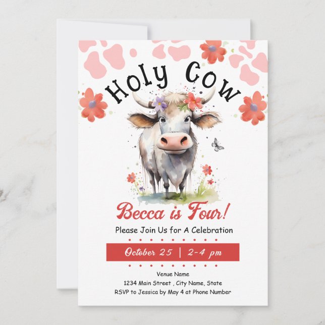 Holy Cow 4th Birthday Girl Invitation (Front)
