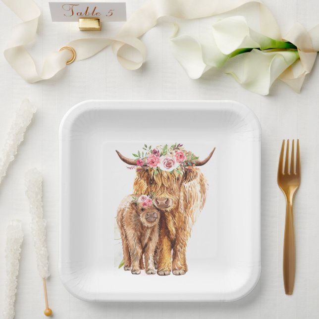 Holy Cow Baby Shower Boho Highland Calf Paper Plate (Wedding)