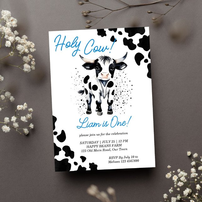 Holy cow black and blue cute cow birthday party invitation (Holy cow birthday party template invitation instant download cute baby bull first birthday black)
